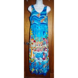 Carole Little Sport Vintage Blue Novelty Fish Village Print Rayon Maxi Dress 4